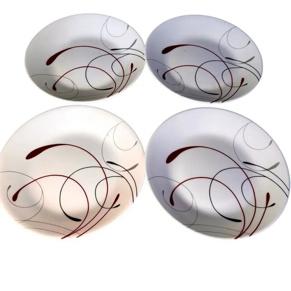 Set of 4 Corelle SPLENDOR Plates Red Gray Swirl Scrolls